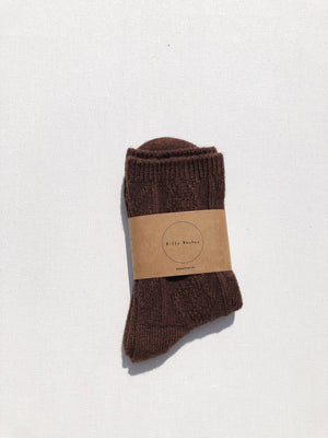 CABLE WOOL SOCKS: Brown / M/L