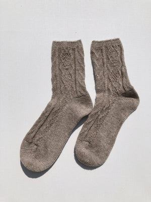 CABLE WOOL SOCKS: Brown / M/L